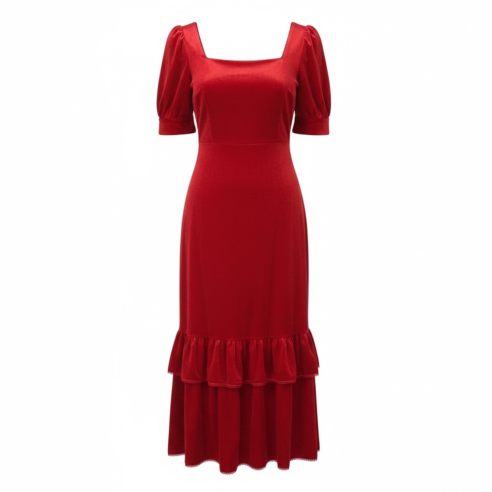 Rachel Parcell Red Velvet Midi Dress- Puff sleeve- Square Neck Tierd NWT Small